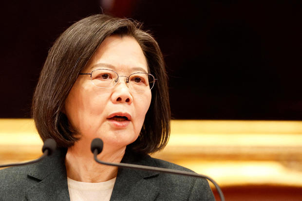 FILE PHOTO: Taiwan President Tsai Ing-wen speaks during a news conference with the incoming Taiwan Premier Chen Chien-jen and outgoing Taiwan Premier Su Tseng-chang, in Taipei 