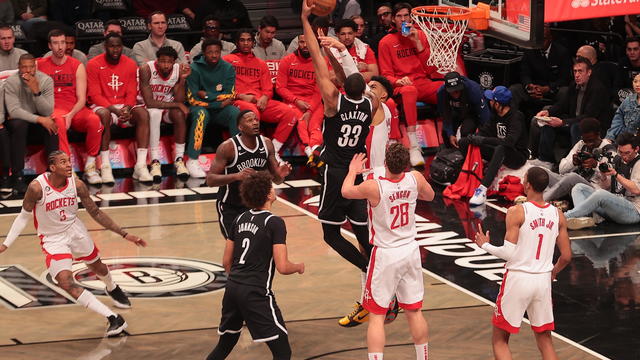 Cameron Johnson (2) of the Brooklyn Nets shoots the ball during the game against the Houston Rockets at the Barclays Center in Brooklyn, New York City, United States on March 29, 2023. 