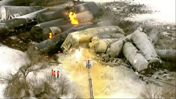 An image capture from aerial footage shows the scene of a train derailment in Raymond, Minnesota, March 30, 2023. 