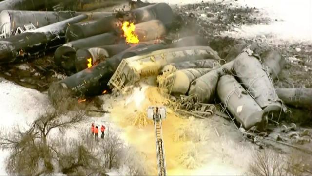 Aerial footage shows the scene of a train derailment in Raymond, Minnesota, March 30, 2023. 