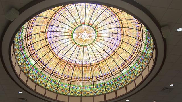 A stained glass dome on the ceiling of Temple Emanu-El in Closter, New Jersey. 