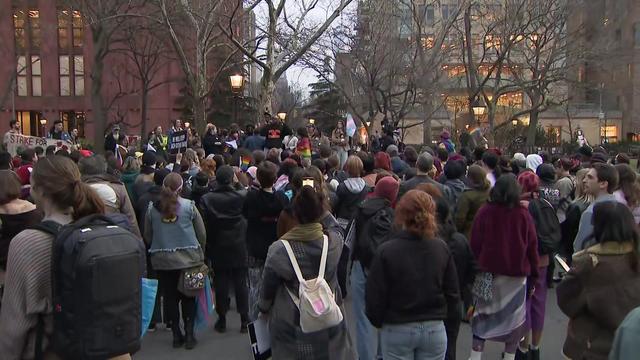 A crowd gathers in Washington Square Park. 
