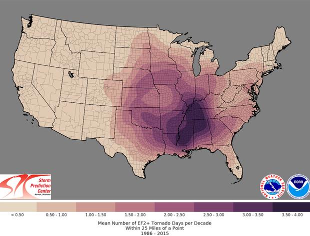 severe tornado days map shows many in the southeast 