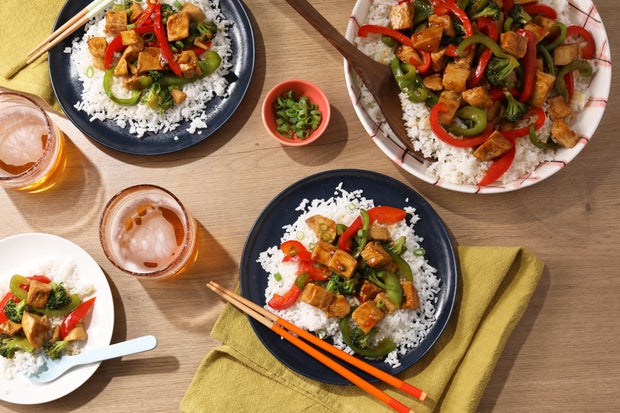 Sweet Chili Tofu Rice Bowl plated for two 