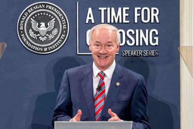 Gov. Asa Hutchinson speaks at the Ronald Reagan Presidential Library Wednesday, Nov 30, 2022.