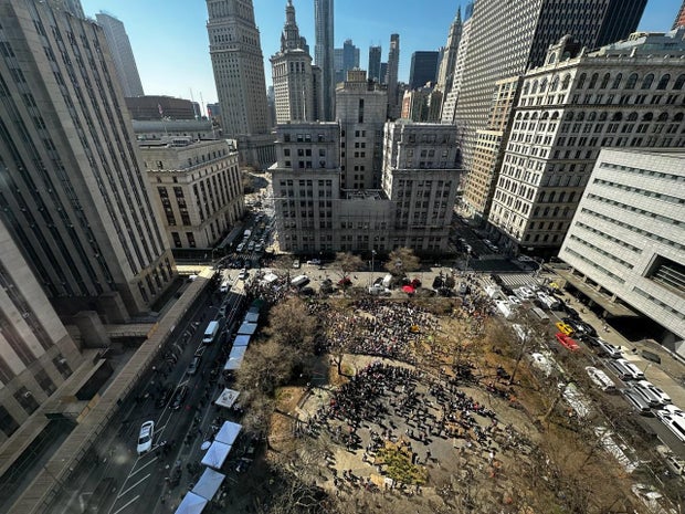 Demonstrators gather in Collect Pond Park across the street from the Manhattan courthouse on Tuesday, April 4, 2023. 