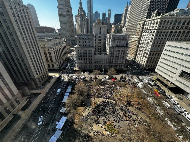 Demonstrators gather in Collect Pond Park across the street from the Manhattan courthouse on Tuesday, April 4, 2023.