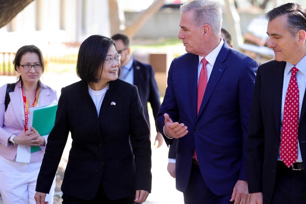 Taiwanese President Tsai Ing-wen meets House Speaker Kevin McCarthy at the Ronald Reagan Presidential Library in Simi Valley, California, on April 5, 2023. 