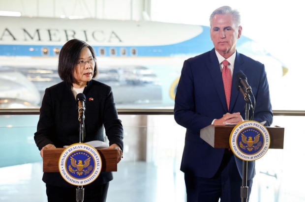 Taiwanese President Tsai Ing-wen) speaks as Speaker of the House Kevin McCarthy looks on at the Ronald Reagan Presidential Library after making statements to the press on April 5, 2023, in Simi Valley, California. 