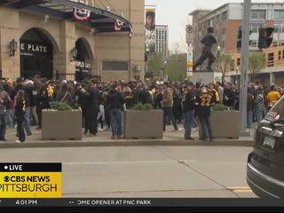 Pittsburgh Pirates fans wave the Jolly Roger flag on the rotunda as the  standing room only crowd at PNC Park watches the ten inning opening day 1-0  win over the Chicago Cubs