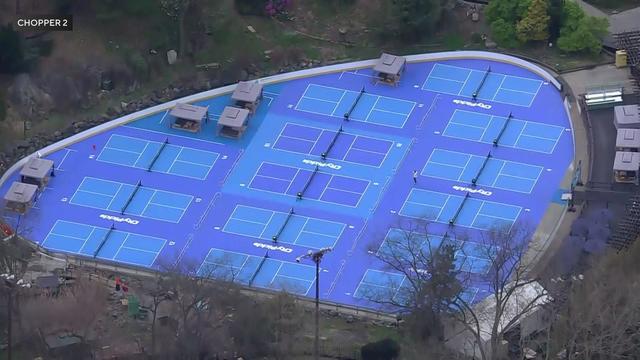 An aerial view of pickleball courts at Wollman Rink in Central Park. 