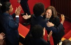 Vice President Kamala Harris speaks with attendees at a solar panel manufacturing plant in Dalton, Georgia, on Thursday, April 6, 2023. 