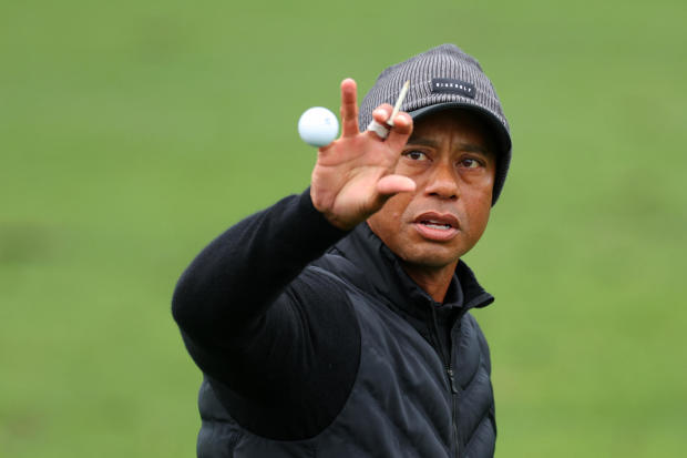 Tiger Woods catches a ball on the practice area during the third round of the Masters Tournament at Augusta National Golf Club on April 8, 2023, in Augusta, Georgia. 