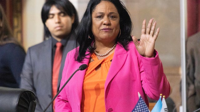 Heather Hutt, who was previously appointed caretaker for the 10th district, is congratulated after being voted in to the Los Angeles City Council's 10th District seat to fill out the term of former Cou 