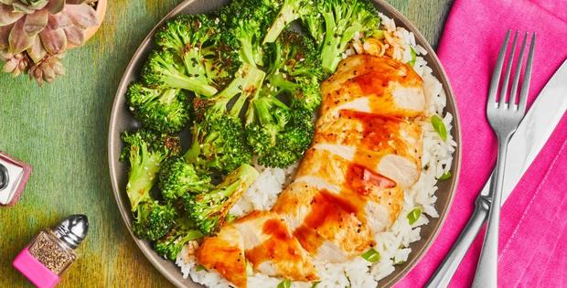 Chicken with Spicy Apricot Pan Sauce scallion rice, sautéed broccoli with sesame seeds 