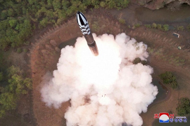 A view of a test launch of what Pyongyang called a new solid-fuel intercontinental ballistic missile (ICBM) Hwasong-18 at an undisclosed location in this still image from a video released by North Korea's Korean Central News Agency (KCNA) on April 14, 2023