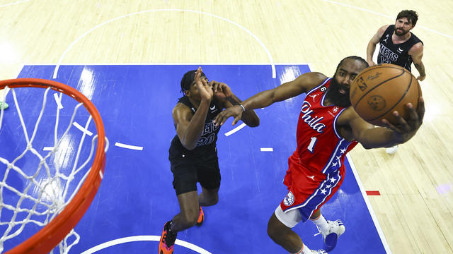James Harden #1 of the Philadelphia 76ers shoots the ball against Day'Ron Sharpe #20 of the Brooklyn Nets in the second quarter during Game One of the Eastern Conference First Round Playoffs at the Wells Fargo Center on April 15, 2023 in Philadelphia, Pen 