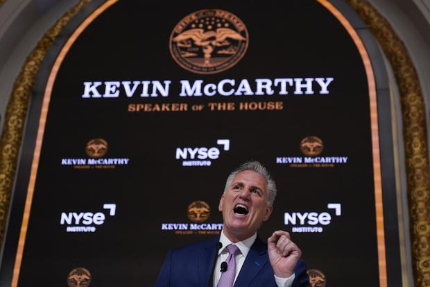 Speaker of the House Kevin McCarthy speaks at the New York Stock Exchange in New York on Monday, April 17, 2023. 