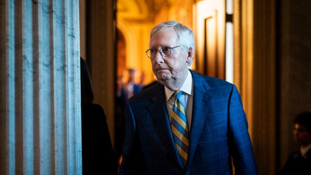 Senate Minority Leader Mitch McConnell walks to a press conference following a weekly policy luncheon on Capitol Hill on Tuesday, March 7, 2023, in Washington, D.C. 