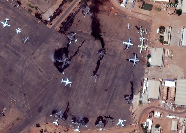 KHARTOUM, SUDAN -- APRIL 17, 2023:  Maxar closer view satellite imagery of destroyed airplanes at Khartoum International Airport in Sudan..   Please use: Satellite image (c) 2023 Maxar Technologies. 