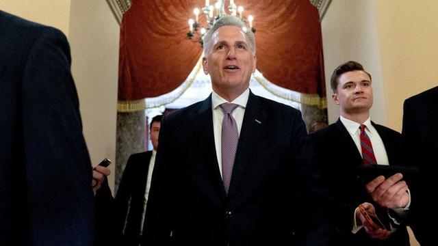 House Speaker Kevin McCarthy speaks to reporters on Capitol Hill in Washington on April 19, 2023. 