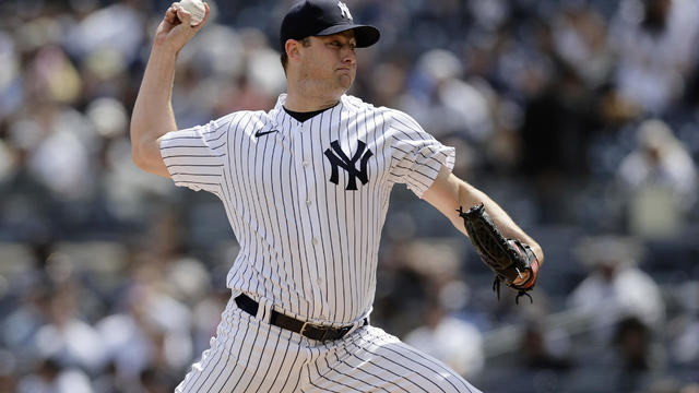 Gerrit Cole #45 of the New York Yankees pitches during the first inning of the game against the Toronto Blue Jays at Yankee Stadium on April 22, 2023 in Bronx, New York. 