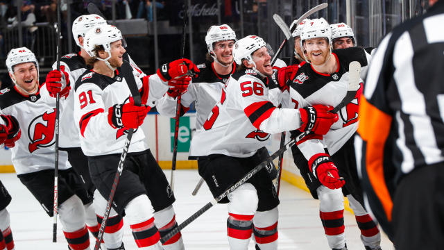 Dougie Hamilton #7 of the New Jersey Devils celebrates after scoring the game winning goal in overtime against the New York Rangers in Game Three of the First Round of the 2023 Stanley Cup Playoffs at Madison Square Garden on April 22, 2023 in New York Ci 