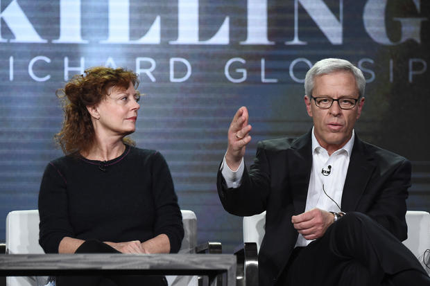 Actress and activist Susan Sarandon (L) and Don Knight, Richard Glossip's Defense Attorney speak onstage during the 'Killing Richard Glossip' panel at Discovery Communications Winter TCA Event on January 14, 2017 in Pasadena, California. 