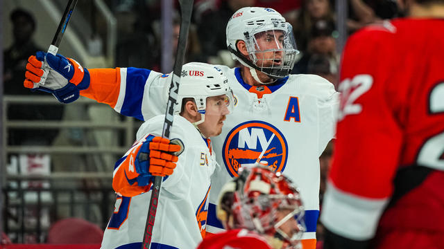 Brock Nelson #29 of the New York Islanders celebrates after scoring a goal during the second period against the Carolina Hurricanes in Game Five of the First Round of the 2023 Stanley Cup Playoffs at PNC Arena on April 25, 2023 in Raleigh, North Carolina. 