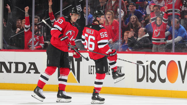 Erik Haula #56 of the New Jersey Devils celebrates his goal with teammates in the third period of Game Five of the First Round of the 2023 Stanley Cup Playoffs against the New York Rangers at the Prudential Center on April 27, 2023 in Newark, New Jersey. 