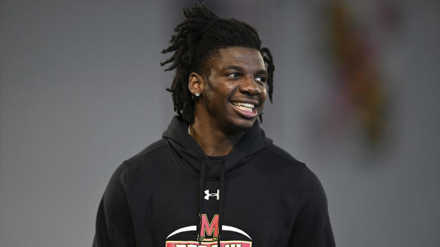 Cornerback Deonte Banks watches from the sidelines during Maryland's football pro day on Wednesday, March 29, 2023, in College Park, Md. 