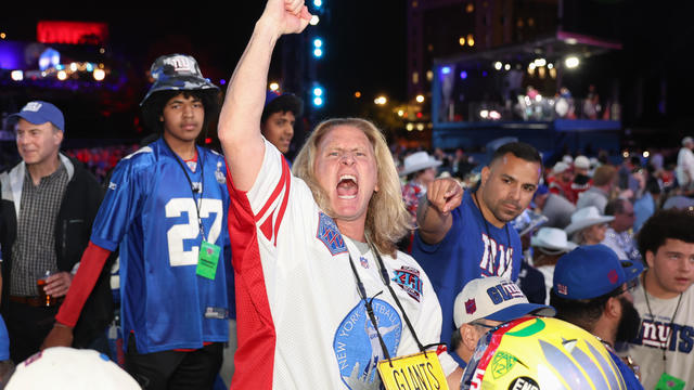 A New York Giants fan yells in the first round of the NFL Draft on April 27, 2023 at Union Station in Kansas City, MO. 