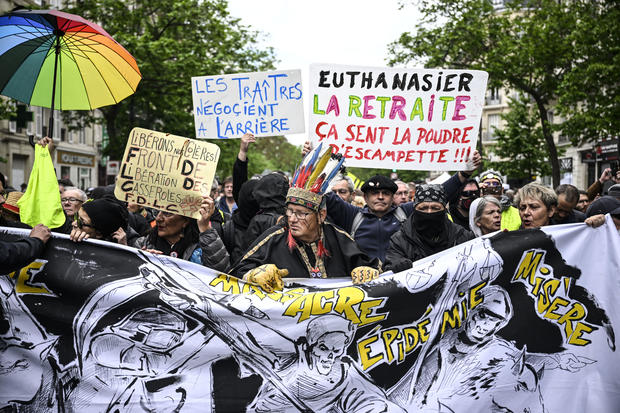General views of protests during Labor and Solidarity Day on May 1, 2023 in Paris, France. 