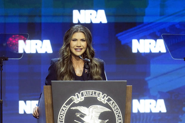 South Dakota Gov. Kristi Noem speaks at the National Rifle Association Convention, Friday, April 14, 2023, in Indianapolis. 