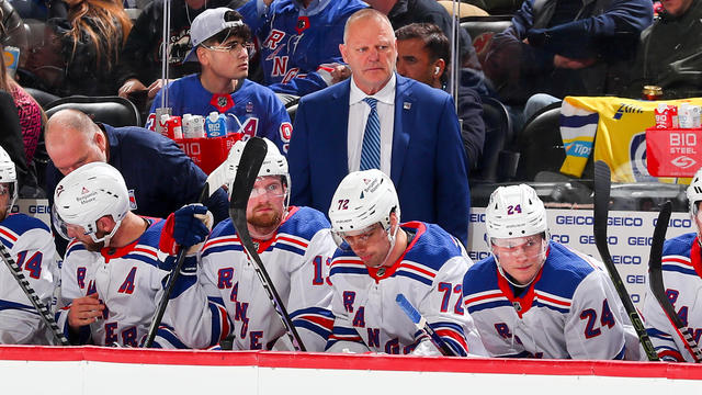 Gerard Gallant head coach of the New York Rangers behind the bench during Game One of the First Round of the 2023 Stanley Cup Playoffs against the New Jersey Devils at the Prudential Center on April 18, 2023 in Newark, New Jersey. 