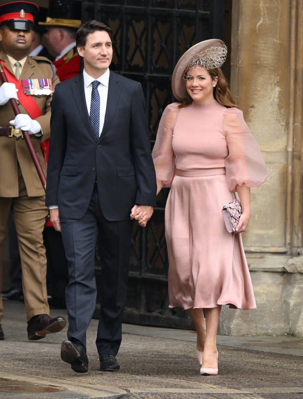 Justin Trudeau and Sophie Gregoire Trudeau arrive at Westminster Abbey for the Coronation of King Charles III and Queen Camilla. 
