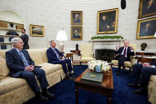 President Biden speaks while hosting debt limit talks with congressional leaders in the Oval Office at the White House on May 9, 2023. 