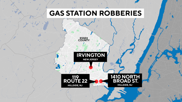 A map showing the location of multiple gas station robberies in New Jersey. 