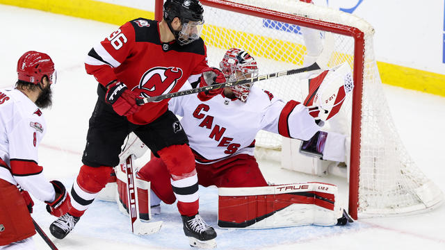 Carolina Hurricanes goaltender Frederik Andersen (31) makes a save during Game 4 of an Eastern Conference Second Round playoff game between the Carolina Hurricanes and the New Jersey Devils on May 9, 2023, at Prudential Center in Newark, New Jersey. 