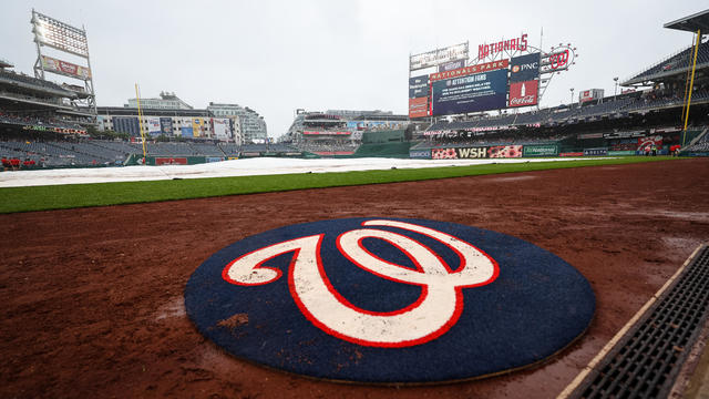 A general view after a rain delay is called due to inclement weather during the third inning of the game between the Washington Nationals and the New York Mets during the third inning at Nationals Park on May 13, 2023 in Washington, DC. 