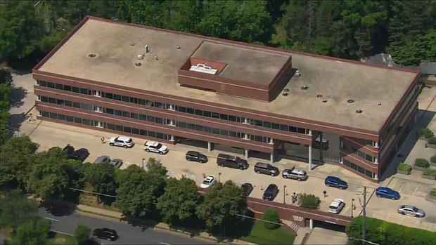 An aerial view of the office building in Fairfax, Virginia, where a person wielding a baseball bat allegedly attacked two staffers in the district office of Democratic Rep. Gerry Connolly on Monday, May 15, 2023. 