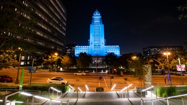 City Hall lit up in Dodger blue in Los Angeles, CA. 