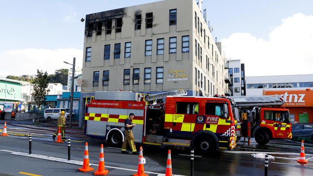 A general view of the scene after a fire at Loafers Lodge on May 16, 2023 in Wellington, New Zealand. 