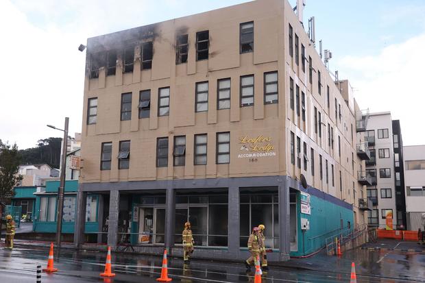 Damage is seen on the Loafers Lodge hostel building following a fatal fire in Wellington on May 16, 2023. 