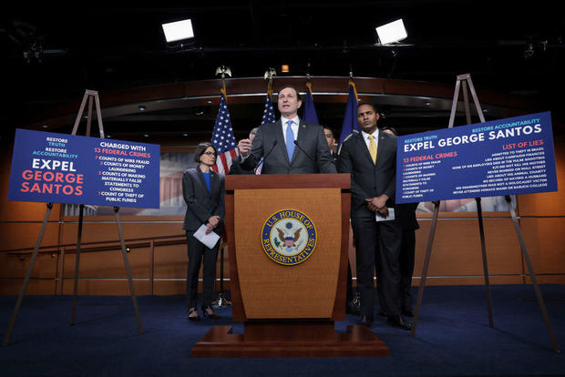 Rep. Daniel Goldman speaks during a press conference with other Democratic members of the House about a resolution to expel Rep. George Santos on May 17, 2023, at the Capitol. 