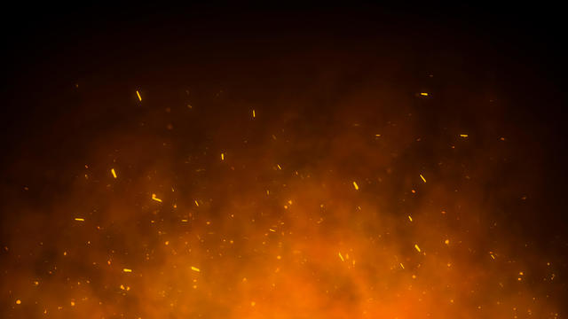 3D Burning embers glowing. Fire Glowing Particles on Black Background 