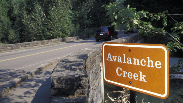 Montana, Glacier National Park, (Waterton-Glacier International Peace Park,) Avalanche Creek Trailhead Sign. 