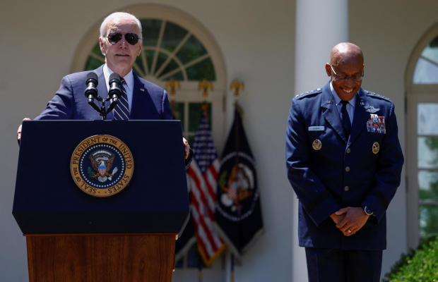 President Biden nominates U.S. Air Force Gen. Charles Brown Jr. to serve as the next chairman of the Joint Chiefs of Staff at an event in the Rose Garden at the White House on Thursday, May 25, 2023. 
