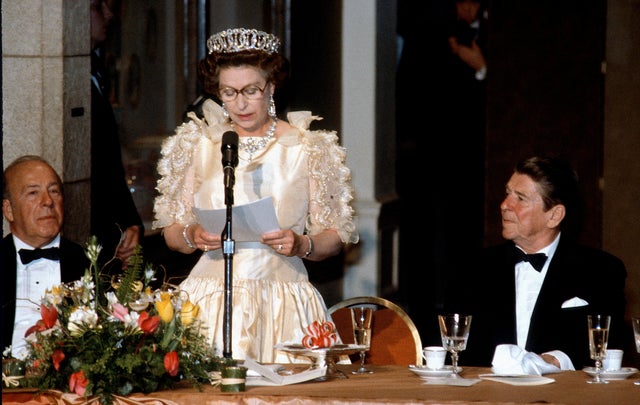Queen Elizabeth ll makes a speech as President Ronald Reagan looks on during a banquet on March 3, 1983, in San Francisco. 