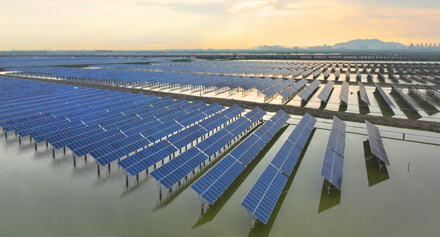 Rows of solar panels over water 